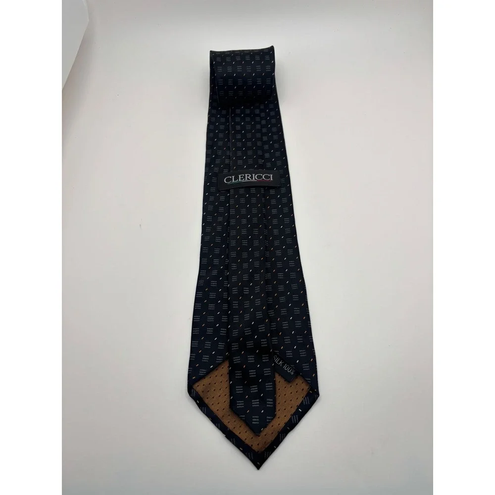 Clericci Mens Silk Necktie Navy Blue Orange Geometric Pattern Italian Style